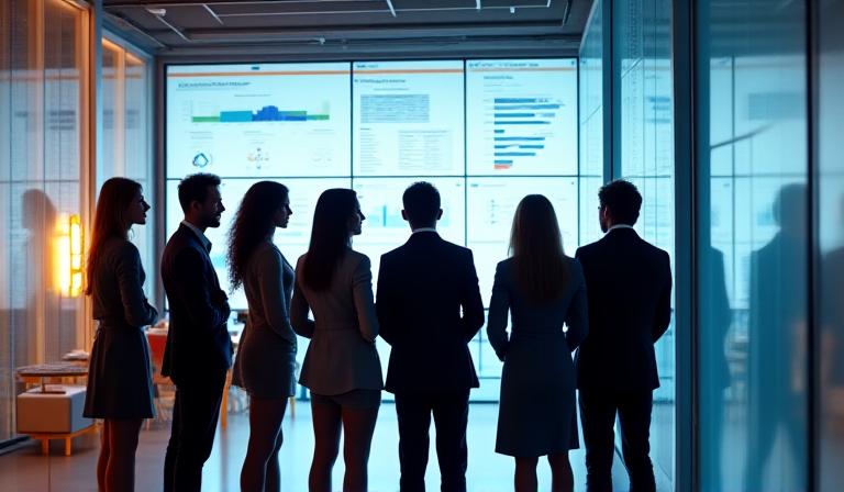 Professional team collaborating over large data screens in a sleek London office