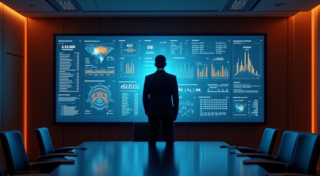 Executive reviewing AI-powered business intelligence dashboard on a large screen