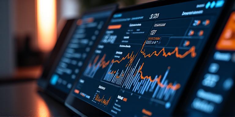 Modern dark-mode AI dashboard showing predictive trend lines and business intelligence insights