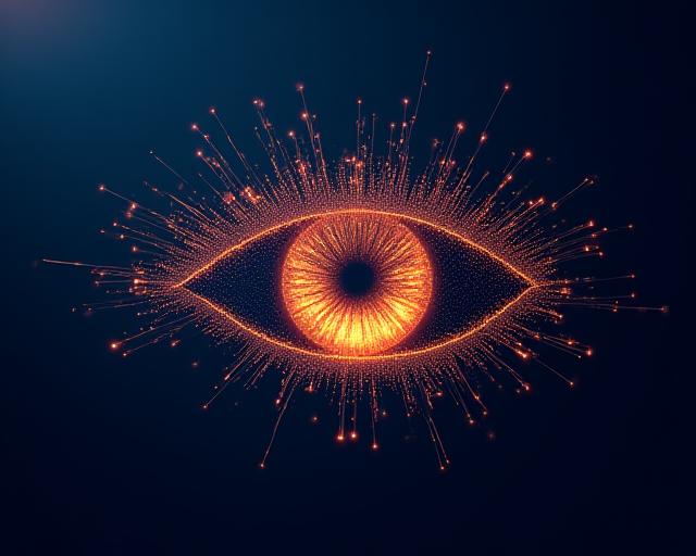 Abstract visualization of data flowing into a predictive eye representing proactive leadership