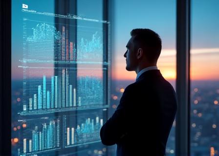 Professional leader analyzing holographic data charts in a sleek office environment